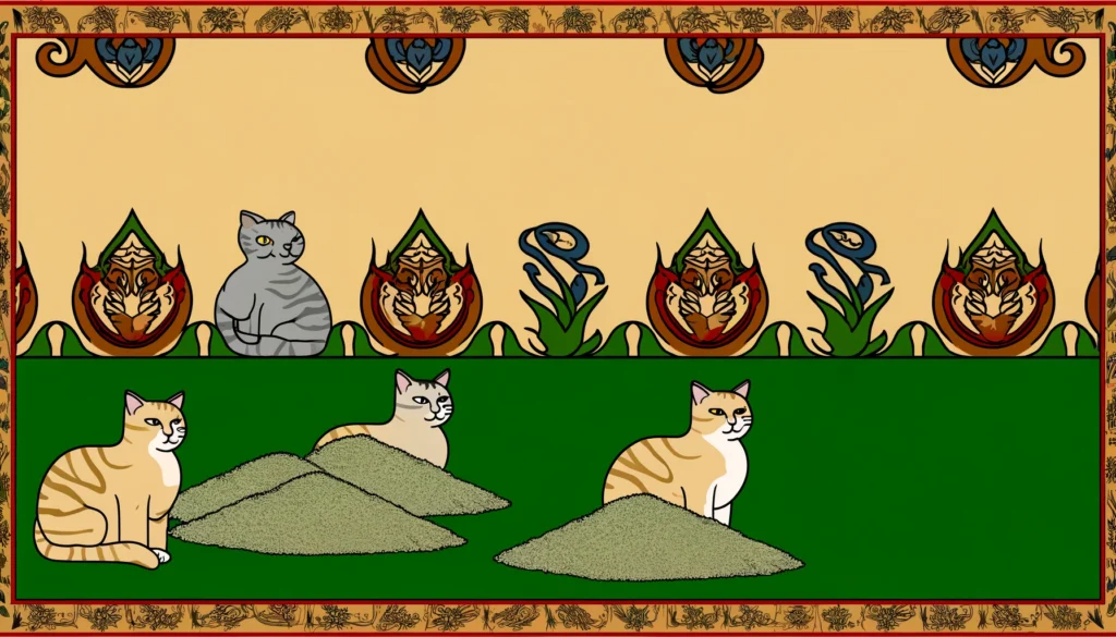 Cats sitting on regular grass seed used as cat litter in a serene, classical Hindu-Buddhist art-inspired scene.