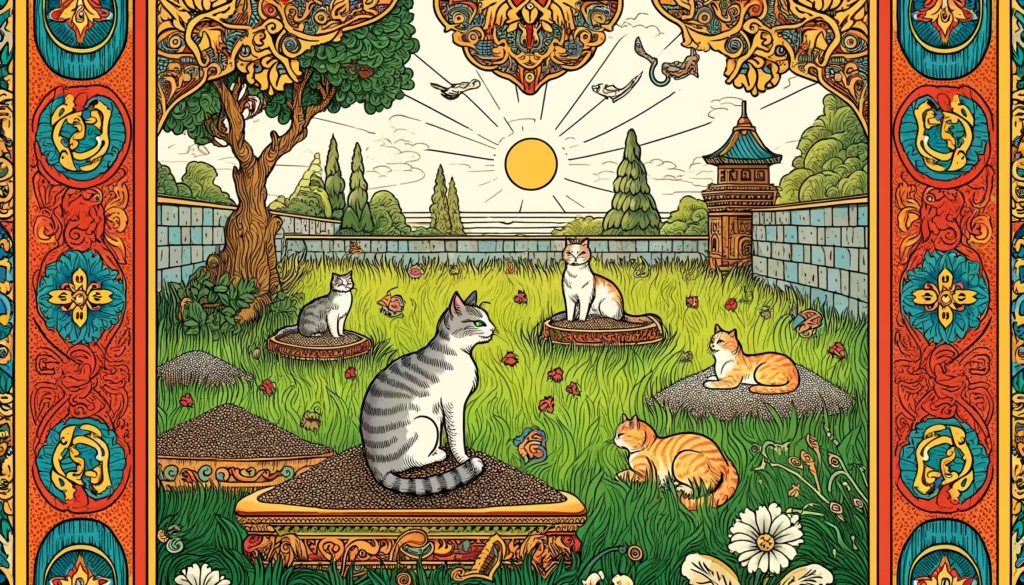 Cats sitting on regular grass seed used as cat litter in a serene, classical Hindu-Buddhist art-inspired scene.