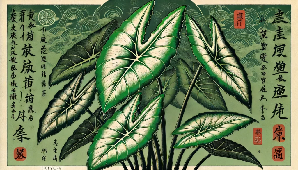 Ukiyo-e style illustration of an Alocasia plant with detailed green leaves and white veins