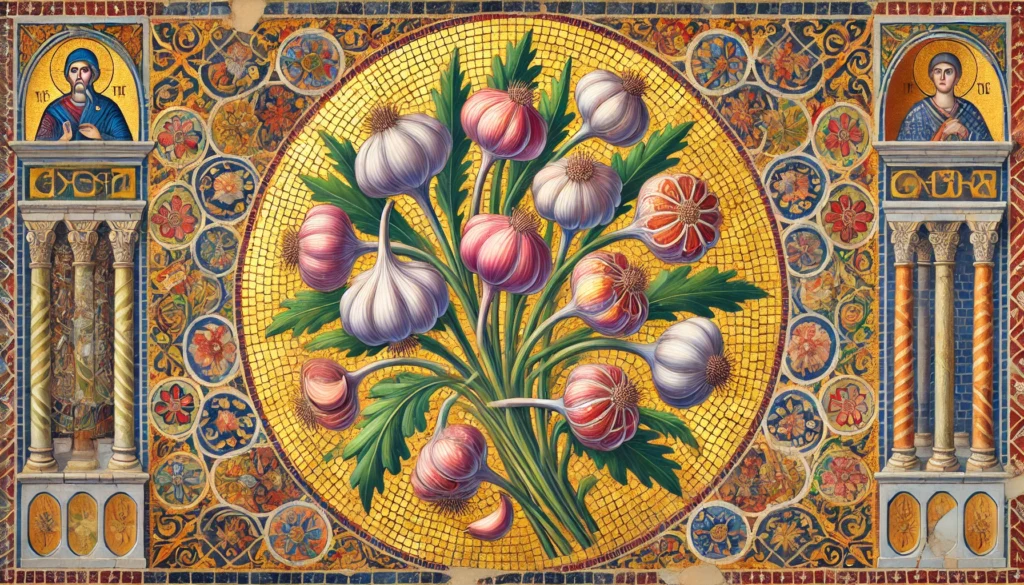 Garlic plant illustrated in Byzantine Art style