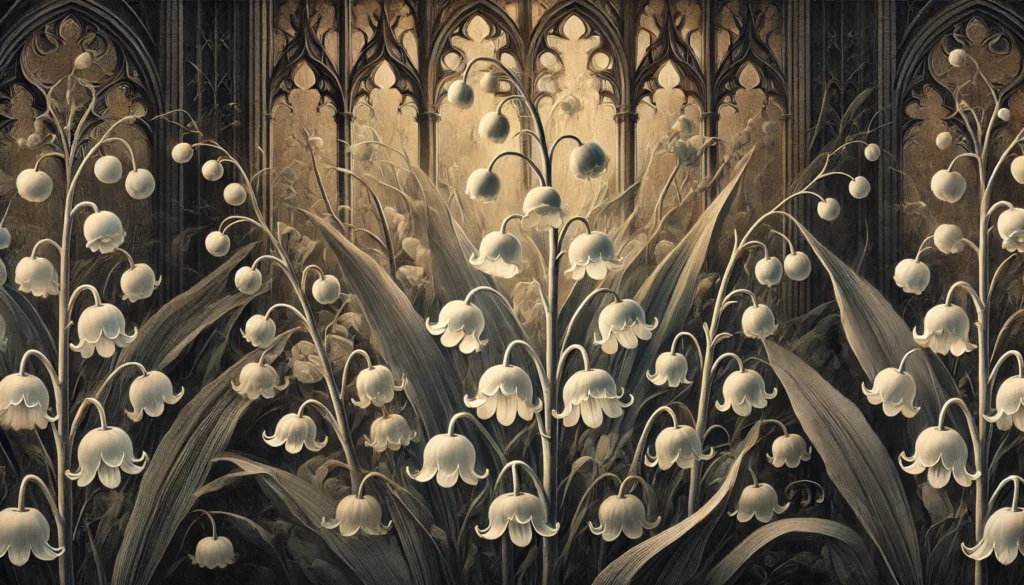 Gothic-style artistic depiction of a Lily-of-the-Valley Bush (Pieris japonica) with intricate detailing.