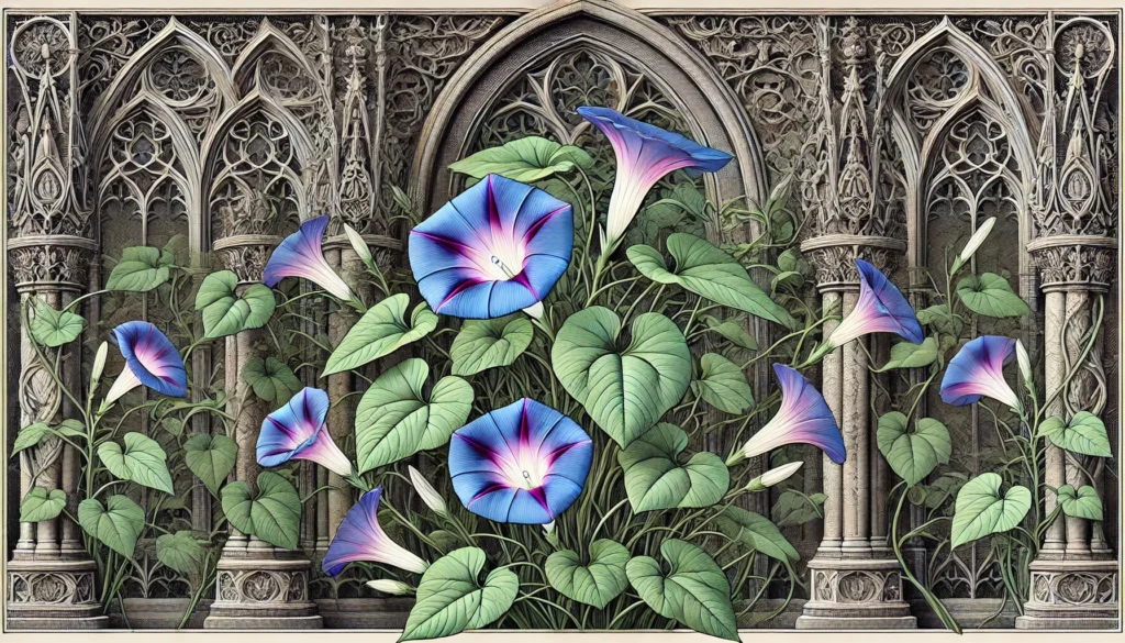 Illustration of Morning Glory plants in a gothic architectural style with green leaves and vibrant purple-blue flowers.