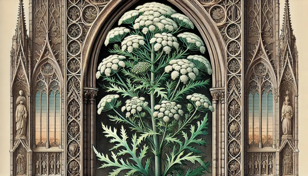 Illustration of Yarrow (Achillea millefolium) with clusters of small white flowers in a gothic architectural setting.