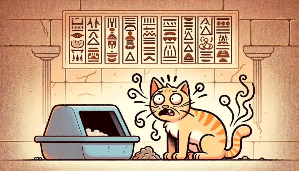 Distressed cat near dirty litter box in Egyptian Ptolemaic Period art style cartoon.