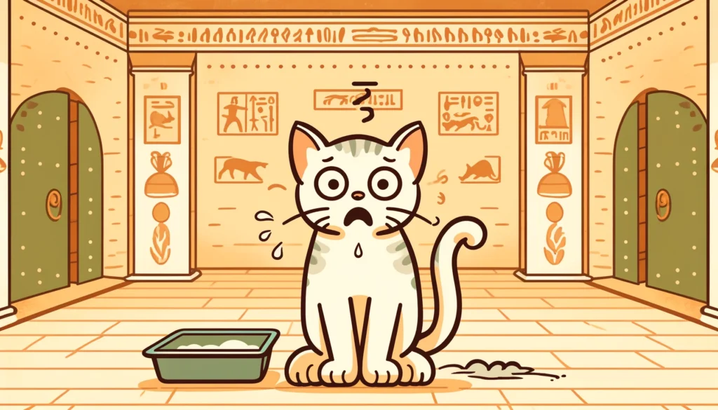 Distressed cat vomiting near dirty litter box in Egyptian Ptolemaic Period art style cartoon.