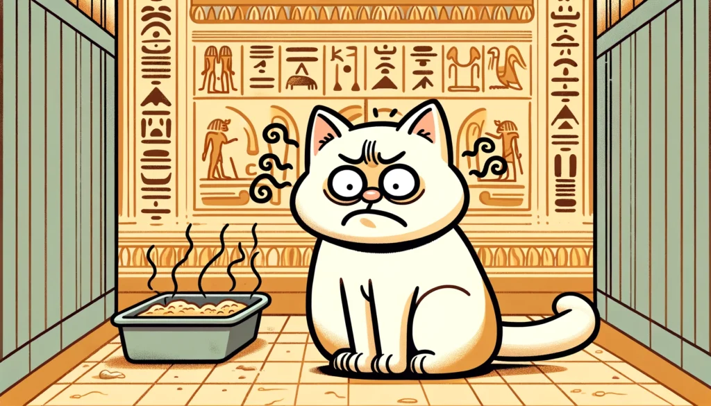 Distressed cat near dirty litter box in Egyptian Ptolemaic Period art style.