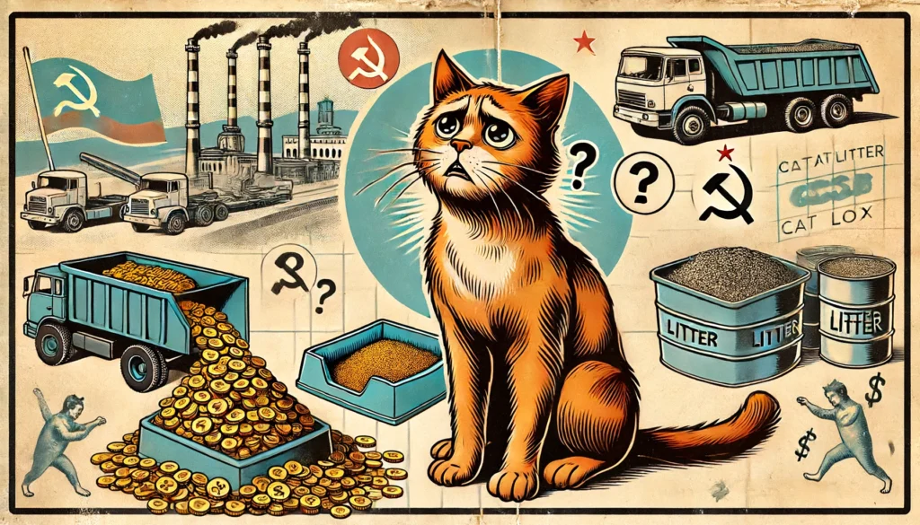 A Soviet art cartoon-style image depicting why cat litter is so expensive.